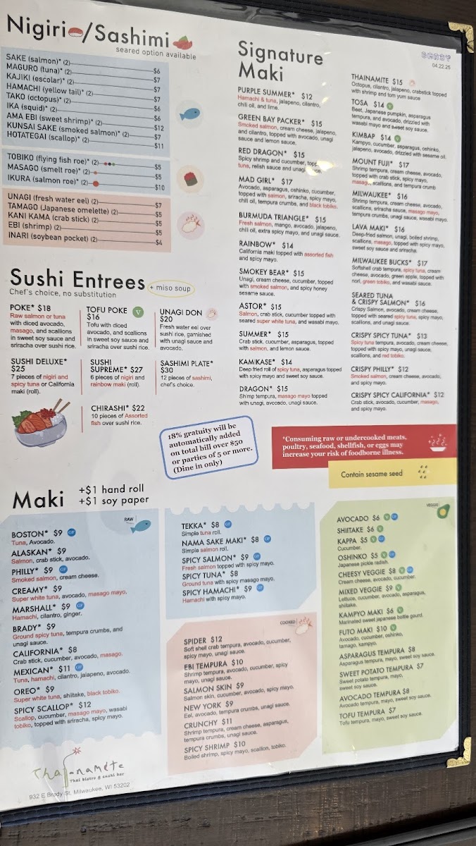 Menu - Thai-Namite On Brady Street photo 1